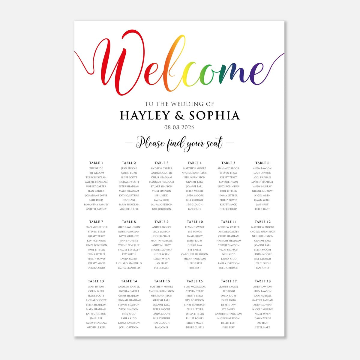 A wedding seating chart print with a white background, featuring a colorful rainbow 'Welcome' script at the top and multiple tables of guest names printed below in black text.