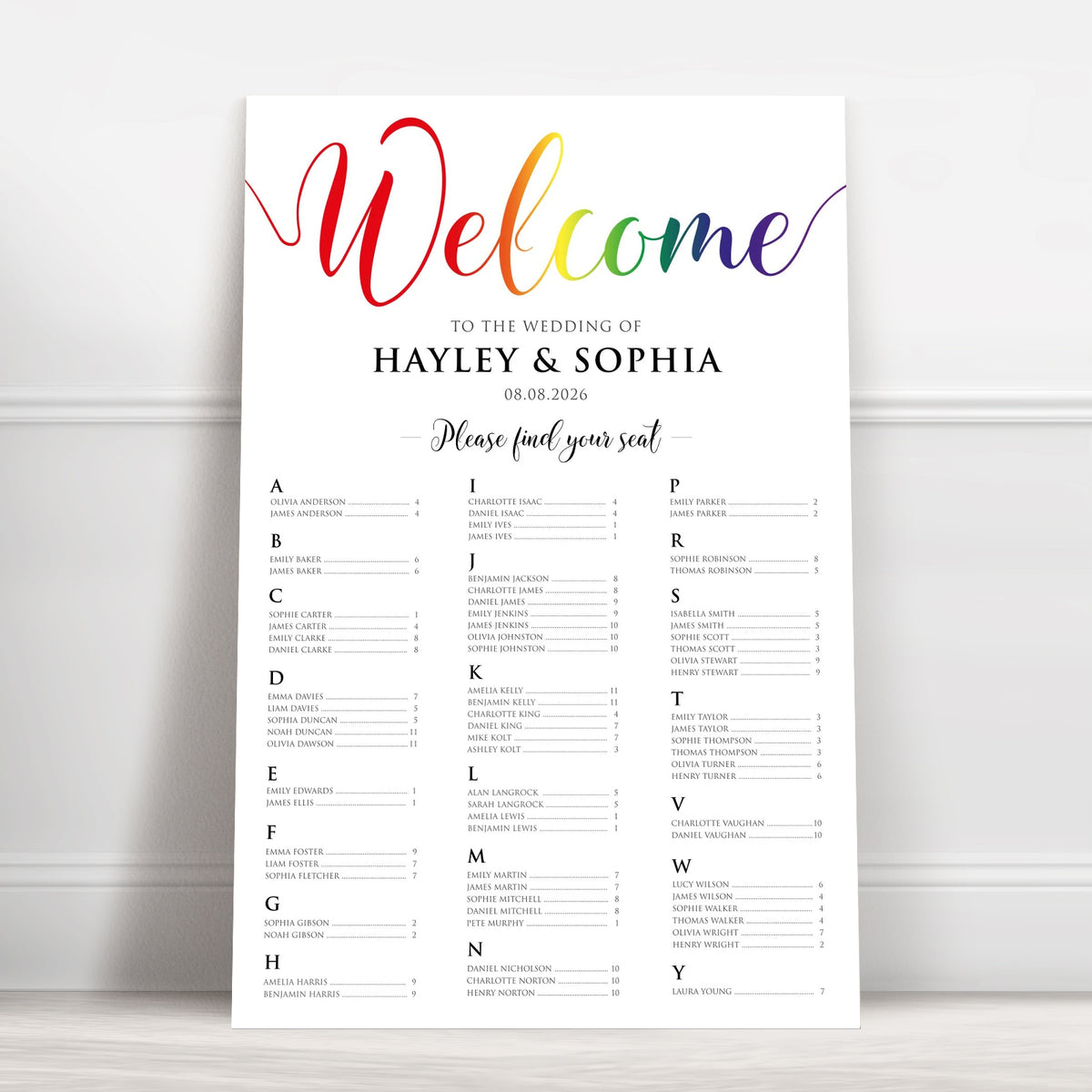 Alphabetical Pride Rainbow Wedding Seating Chart - Personalised 24x36″ Foamboard