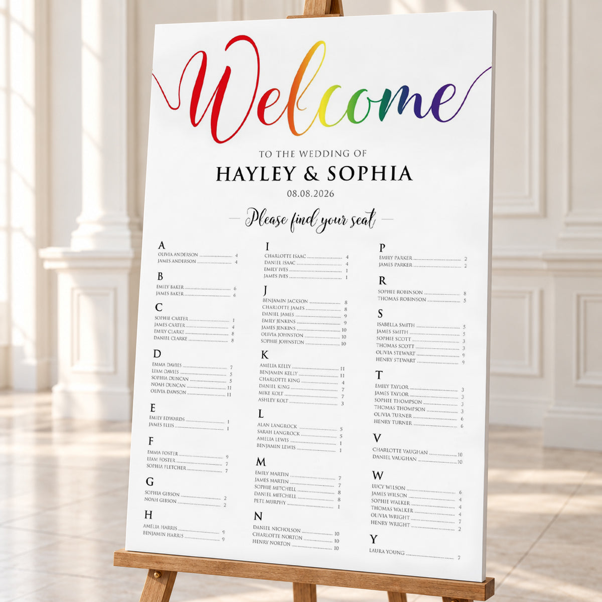 Alphabetical Pride Rainbow Wedding Seating Chart - Personalised 24x36″ Foamboard