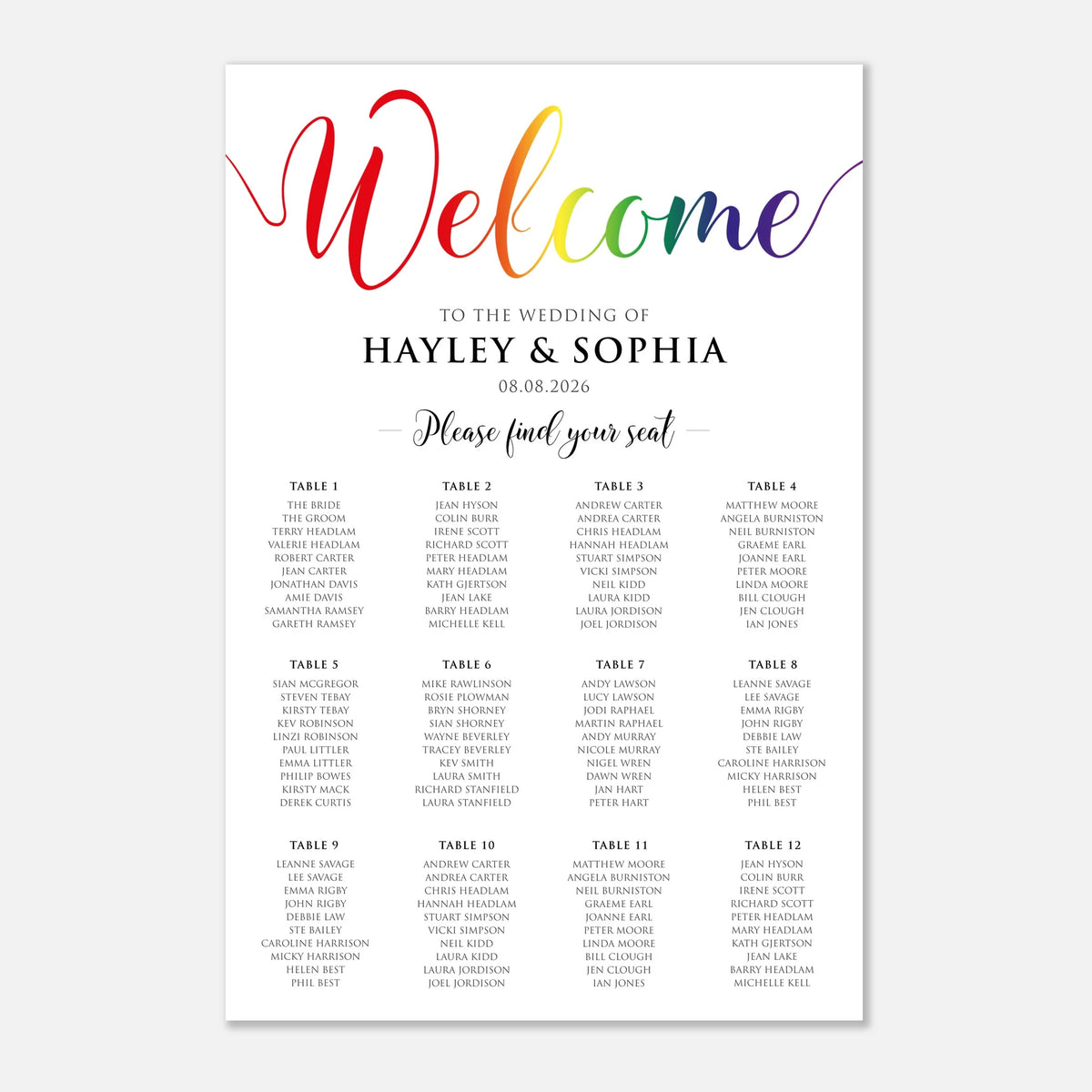A wedding seating chart print with a colorful 'Welcome' header in a rainbow gradient, followed by the text 'TO THE WEDDING OF HAYLEY & SOPHIA 08.08.