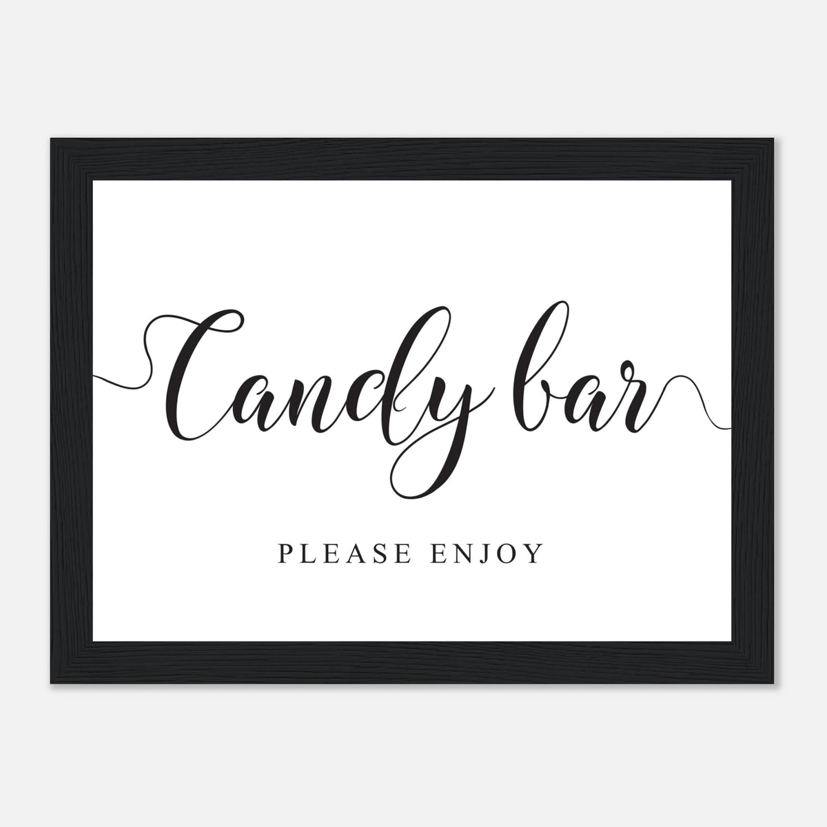 A framed black and white sign with the words 'Candy bar' in elegant script and 'PLEASE ENJOY' below, shown against a light gray background.