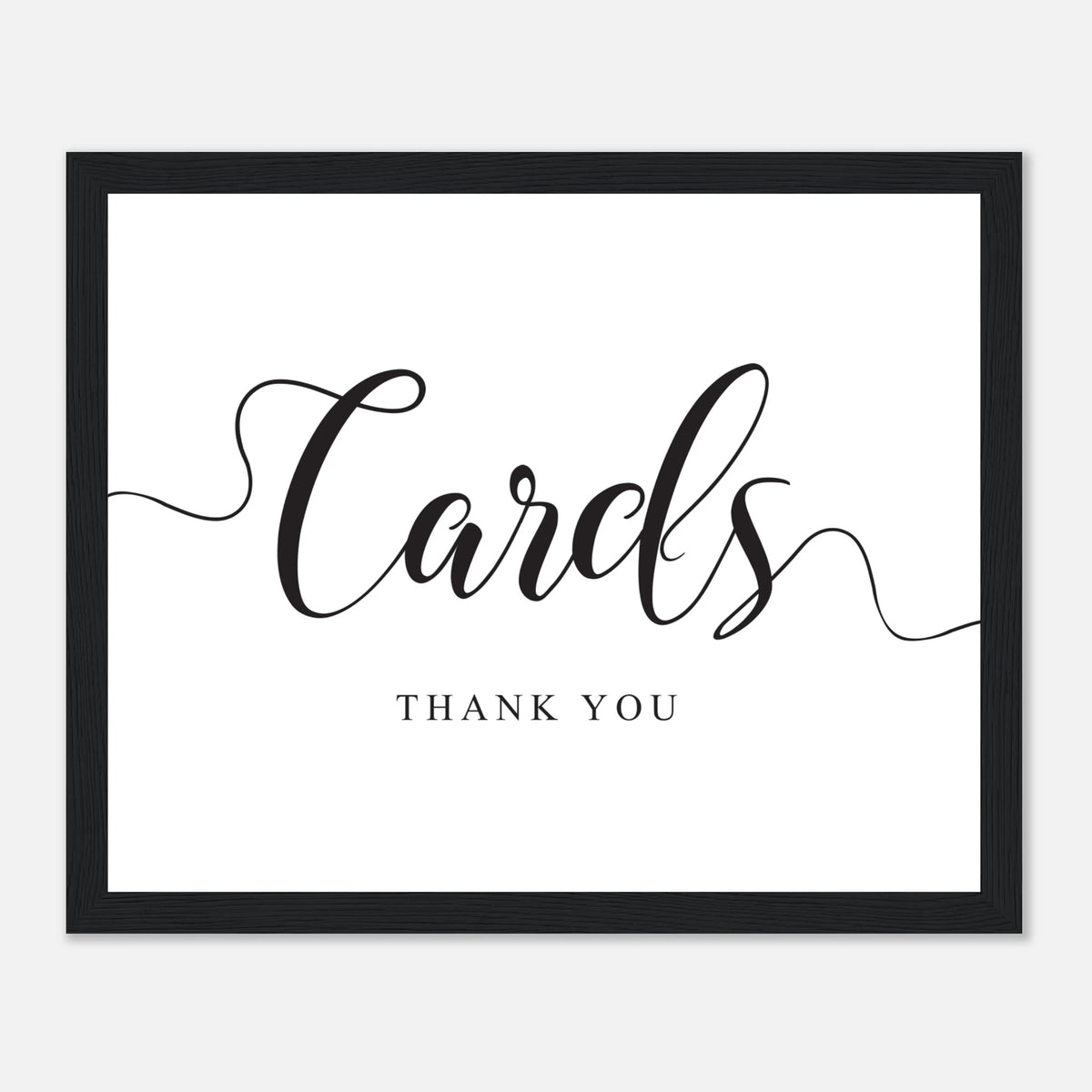 A framed typographic wall sign with the word "Cards" in large black script and the words "THANK YOU" below, shown on a light gray background.