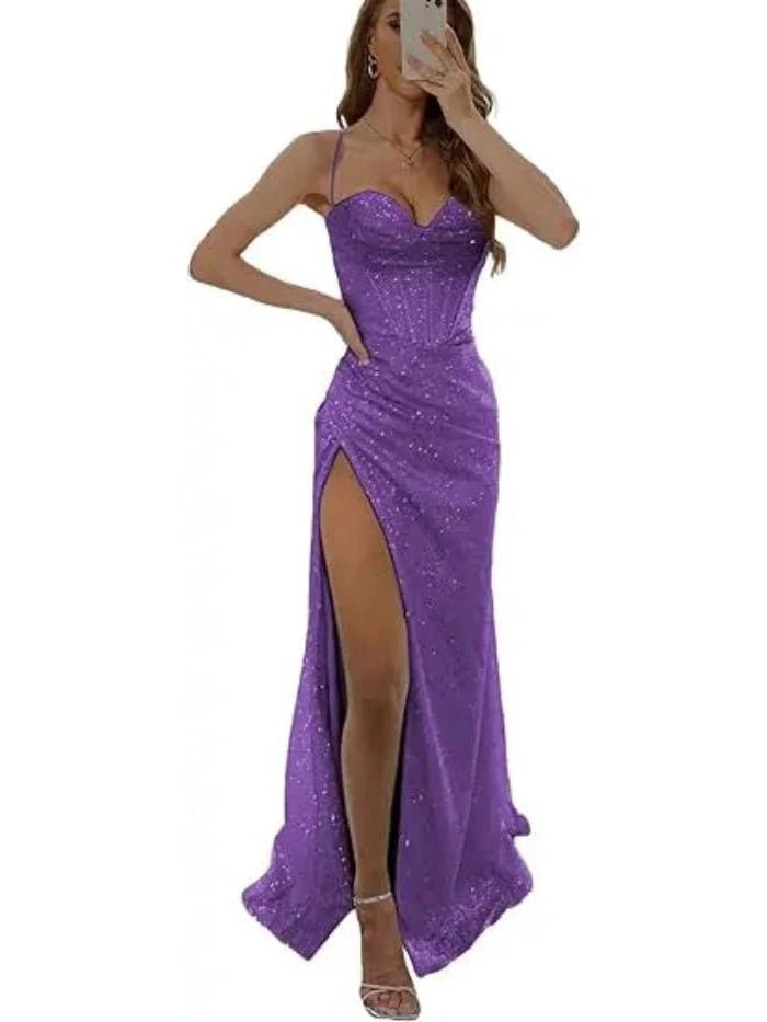 purple sequined thigh slit prom dress with spaghetti straps