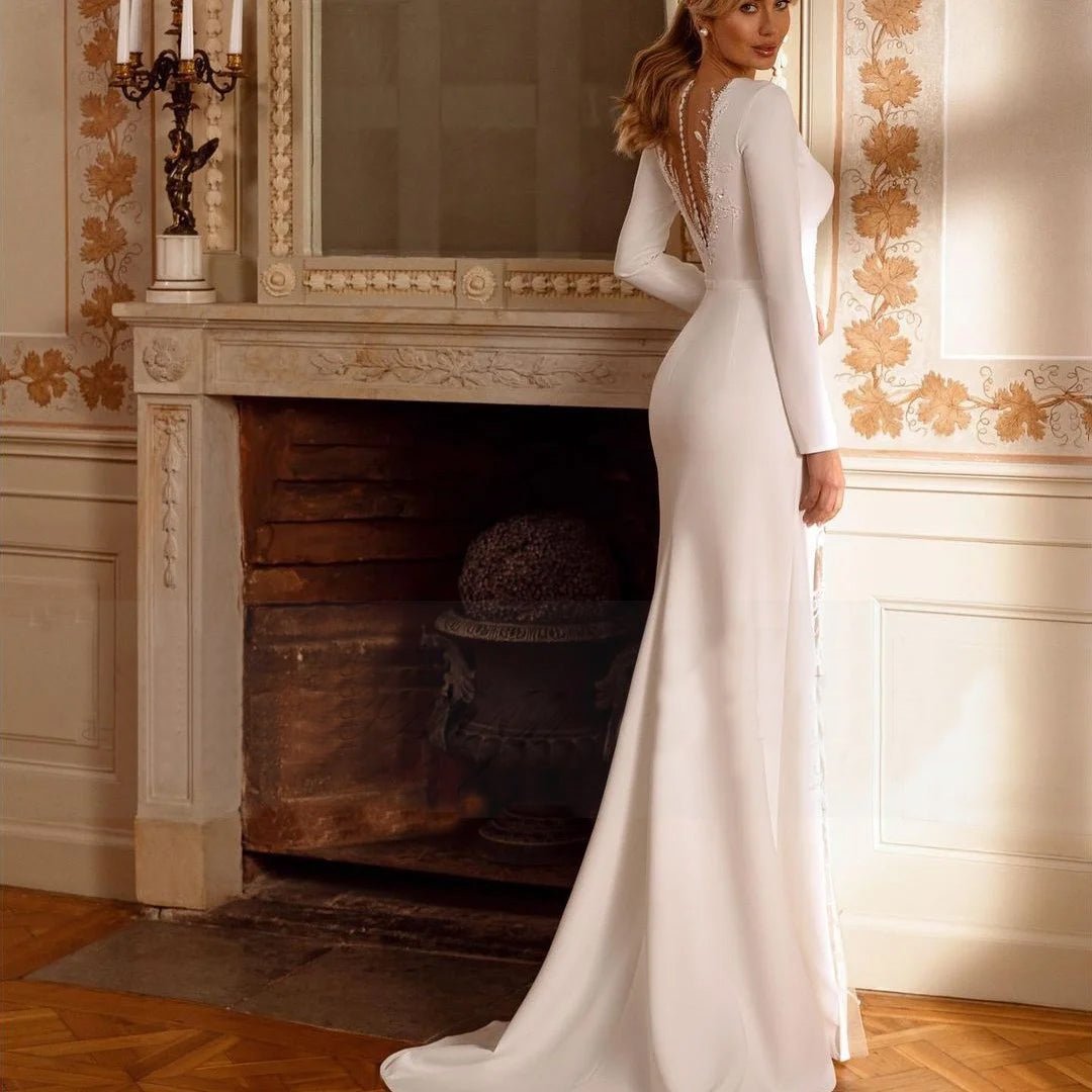 rear view of bride wearing Modern Long Sleeve Side Slit Satin Wedding Dress