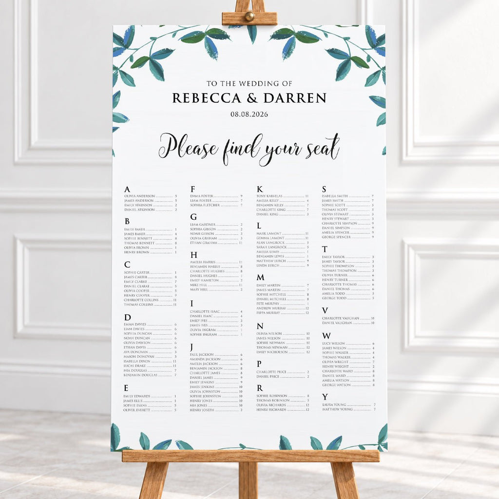 Rich Green Foliage Alphabetical Wedding Seating Chart – Personalised 24 × 36″