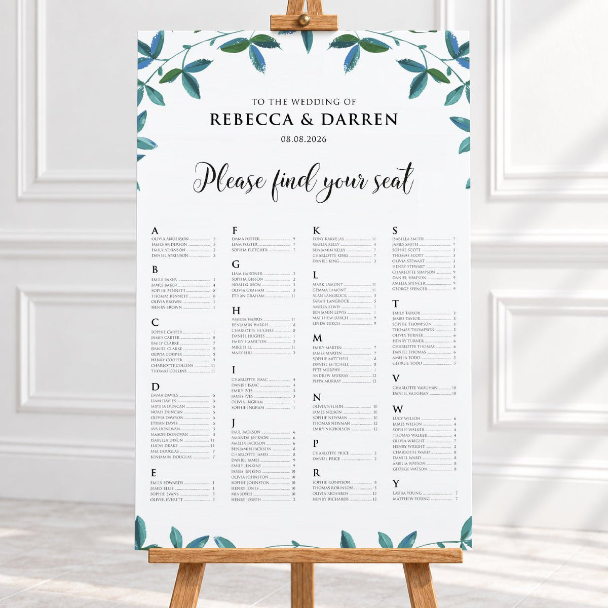 Rich Green Foliage Alphabetical Wedding Seating Chart – Personalised 24 × 36″