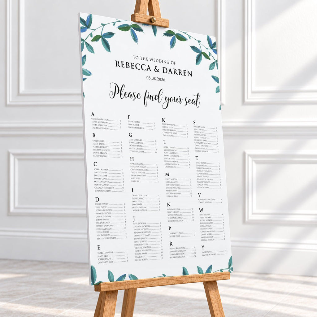 Rich Green Foliage Alphabetical Wedding Seating Chart – Personalised 24 × 36″