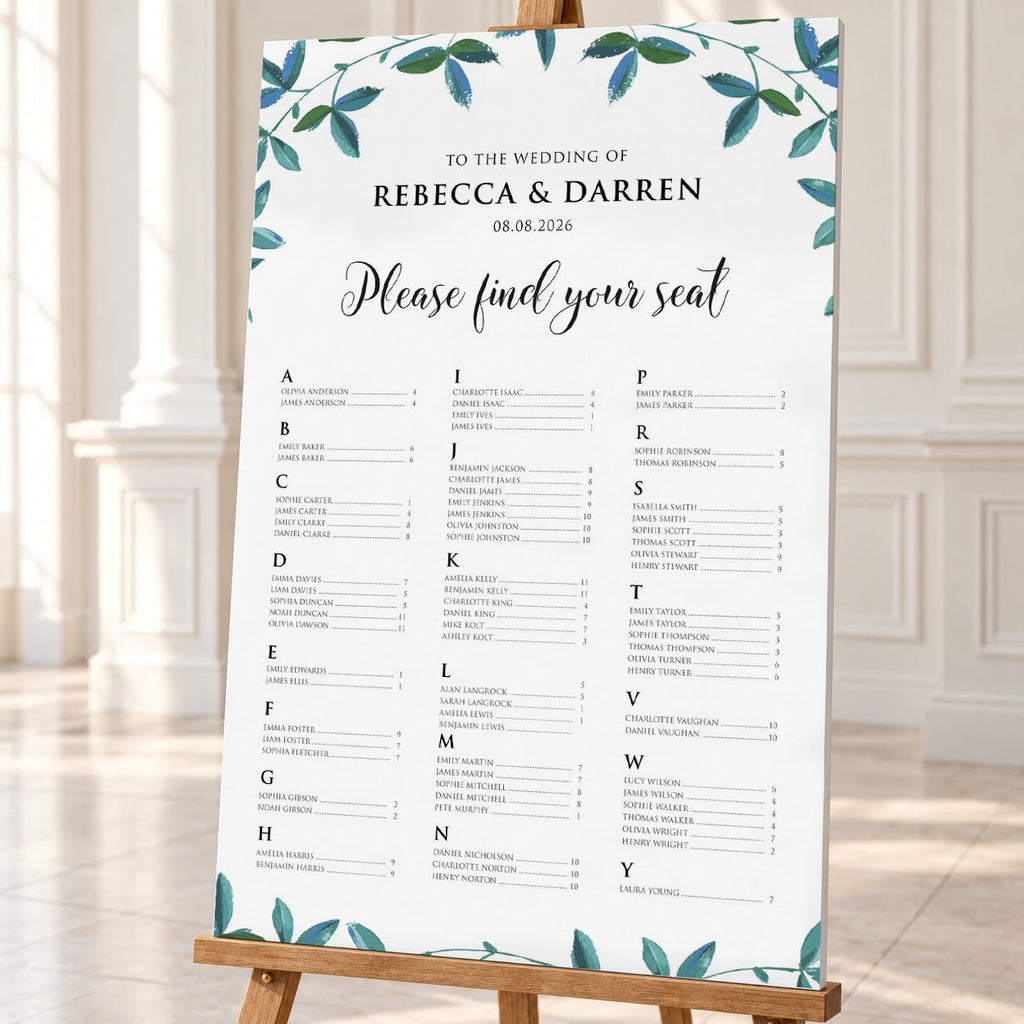Rich Green Foliage Alphabetical Wedding Seating Chart – Personalised 24 × 36″ Foamboard - We Do Bou