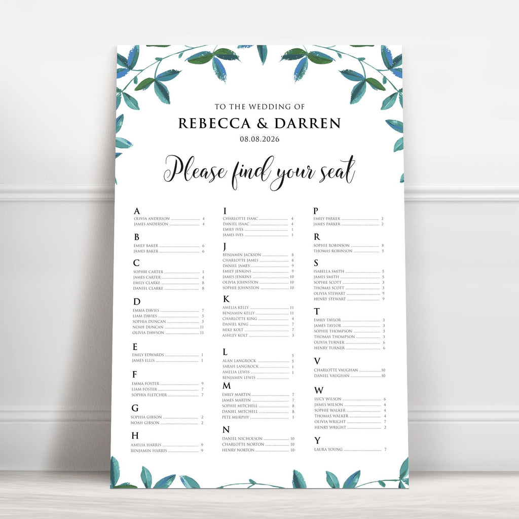 Rich Green Foliage Alphabetical Wedding Seating Chart – Personalised 24 × 36″ Foamboard - We Do Bou