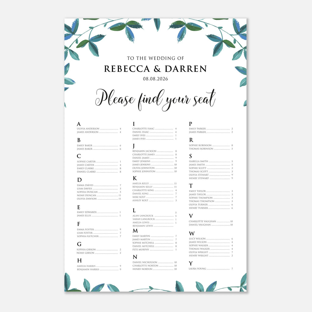 A wedding seating chart print with a white background, elegant teal watercolor leaf borders at the top and bottom, and black text reading 'TO THE WEDDING OF REBECCA & DARREN', 'Please find your seat', and a grid of lettered seating sections with guest names and numbers.