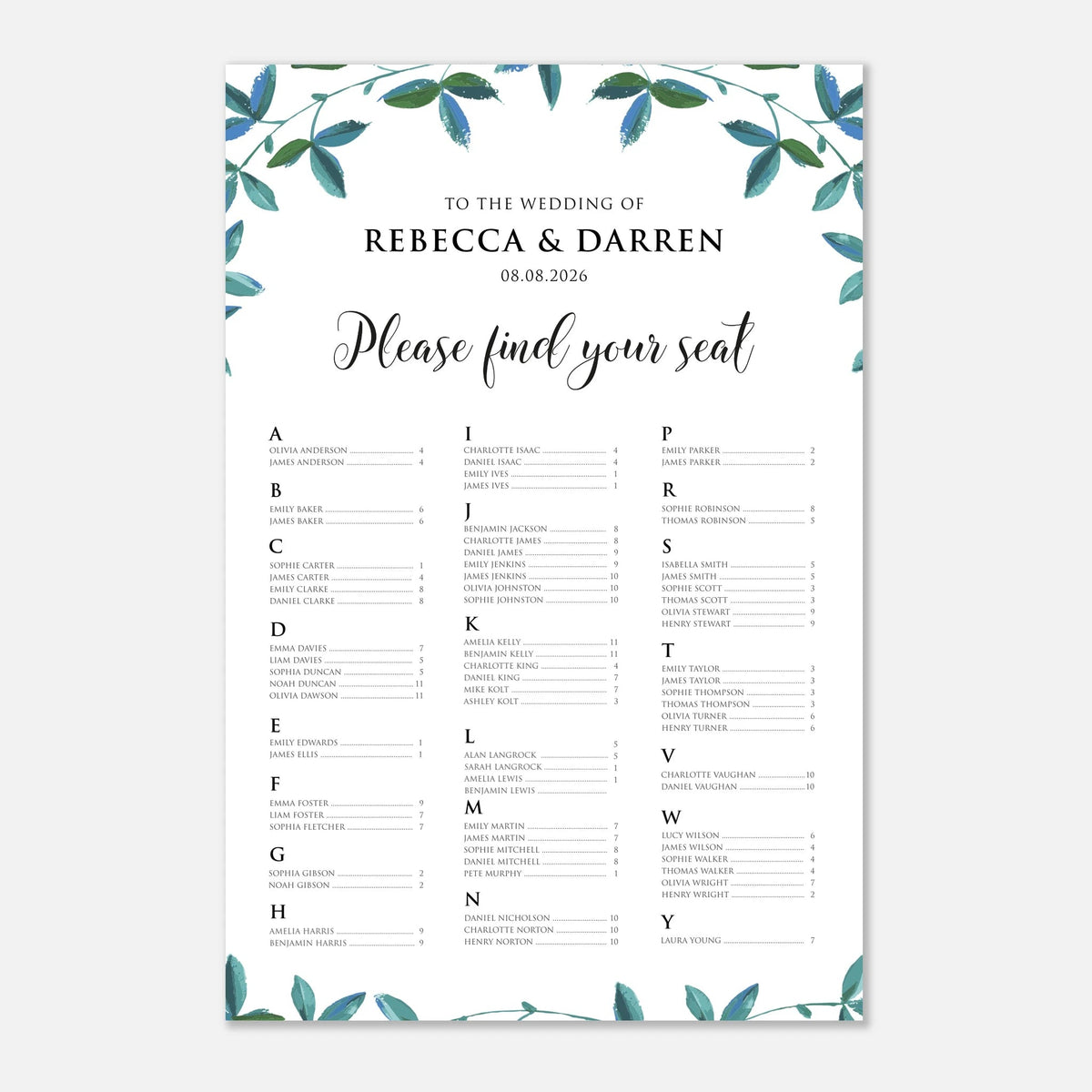 A wedding seating chart print with a white background, elegant teal watercolor leaf borders at the top and bottom, and black text reading 'TO THE WEDDING OF REBECCA & DARREN', 'Please find your seat', and a grid of lettered seating sections with guest names and numbers.