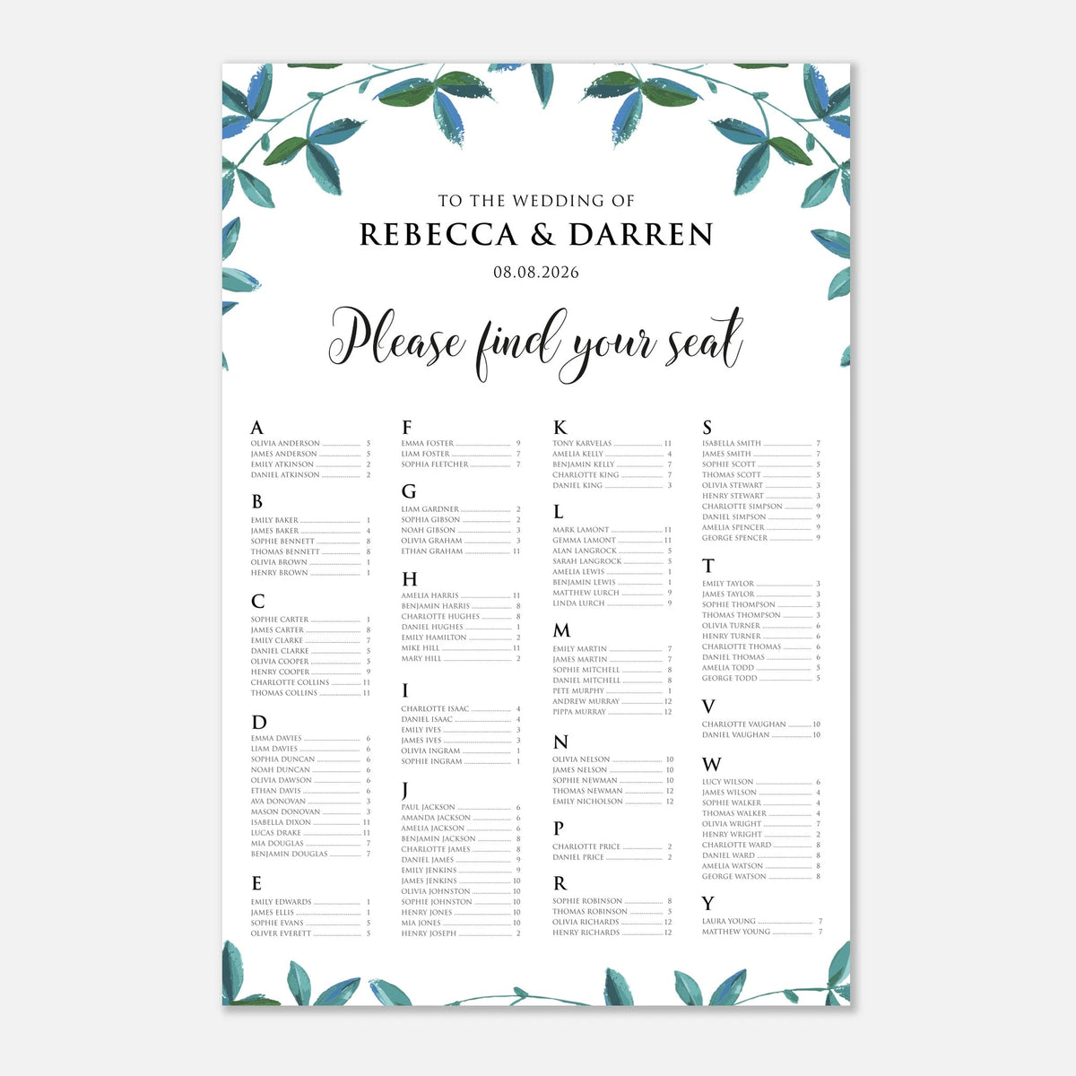 A wedding seating chart print with a white background, watercolor green leafy vine borders at the top and bottom, and black text including the heading 'TO THE WEDDING OF REBECCA & DARREN' and 'Please find your seat' followed by alphabetized attendee lists.