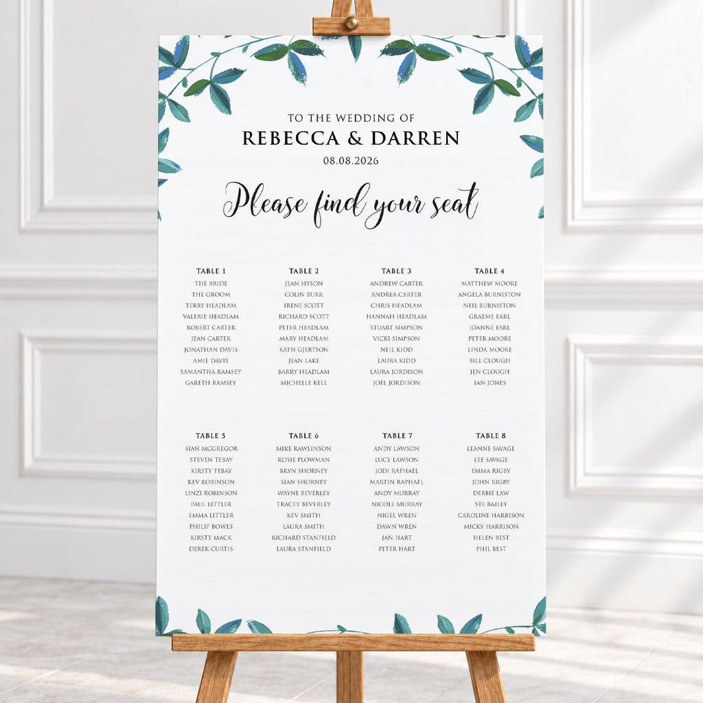 24x36″Greenery Wedding Seating Chart printed on 5mm foam board