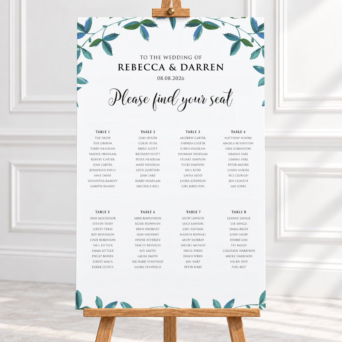 24x36″Greenery Wedding Seating Chart printed on 5mm foam board