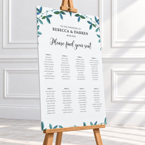 24x36″Greenery Wedding Seating Chart printed on 5mm foam board