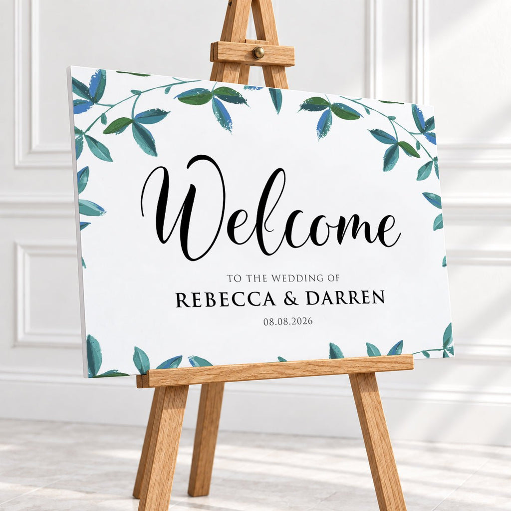 Personalised Rich Green Foliage Wedding Welcome Sign – 16 × 24″ or 24 × 26″