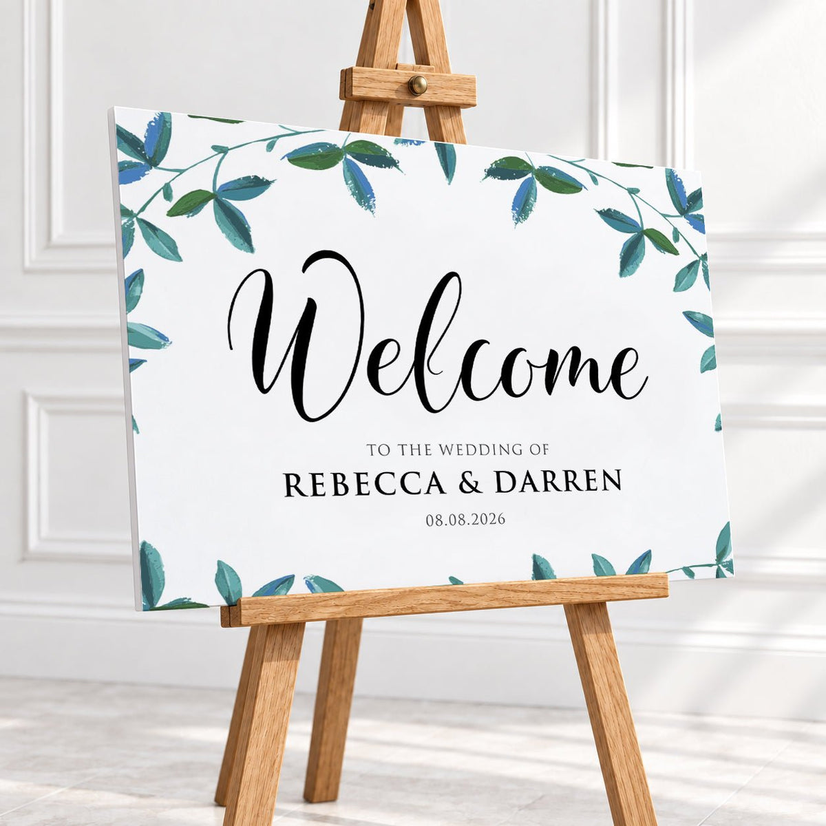 Personalised Rich Green Foliage Wedding Welcome Sign – 16 × 24″ or 24 × 26″