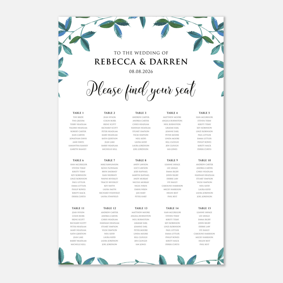A wedding seating chart print with a white background, teal watercolor eucalyptus leaf borders at the top and bottom, and black text reading 'TO THE WEDDING OF REBECCA & DARREN 08.08. With 15 tables.