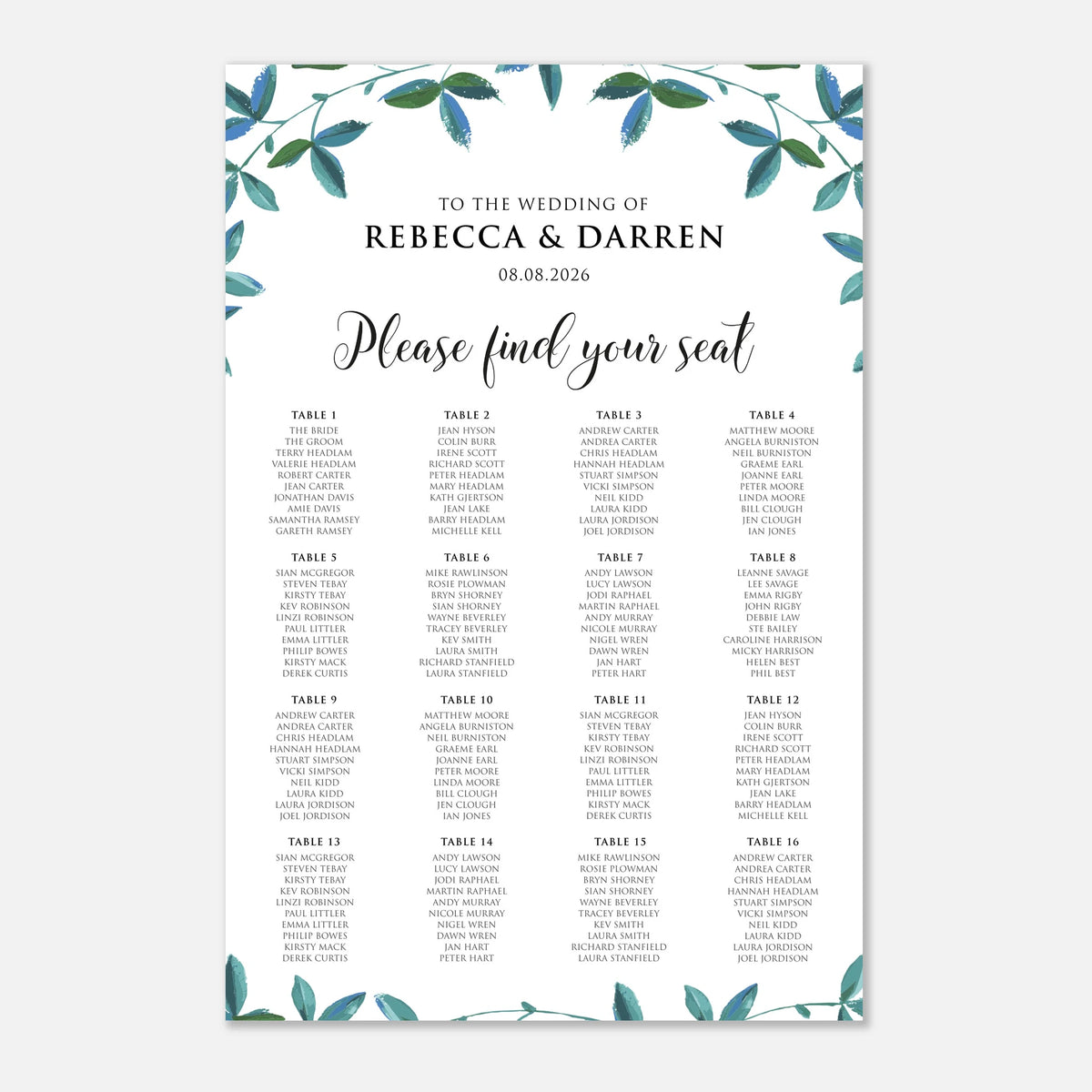 A wedding seating chart print with a white background, elegant green and blue watercolor foliage border at the top and bottom, and black text reading 'TO THE WEDDING OF REBECCA & DARREN', 'Please find your seat', and 16 table listings.