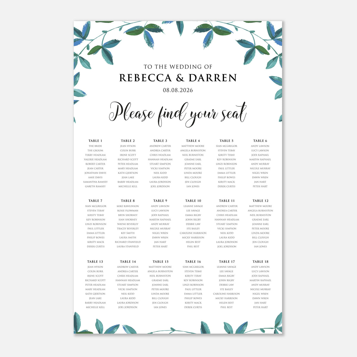 A wedding seating chart print with a white background, elegant green leafy watercolor border at the top, and 18 tables of guest names and table assignments below. Text reads 'TO THE WEDDING OF REBECCA & DARREN' and 'Please find your seat'.