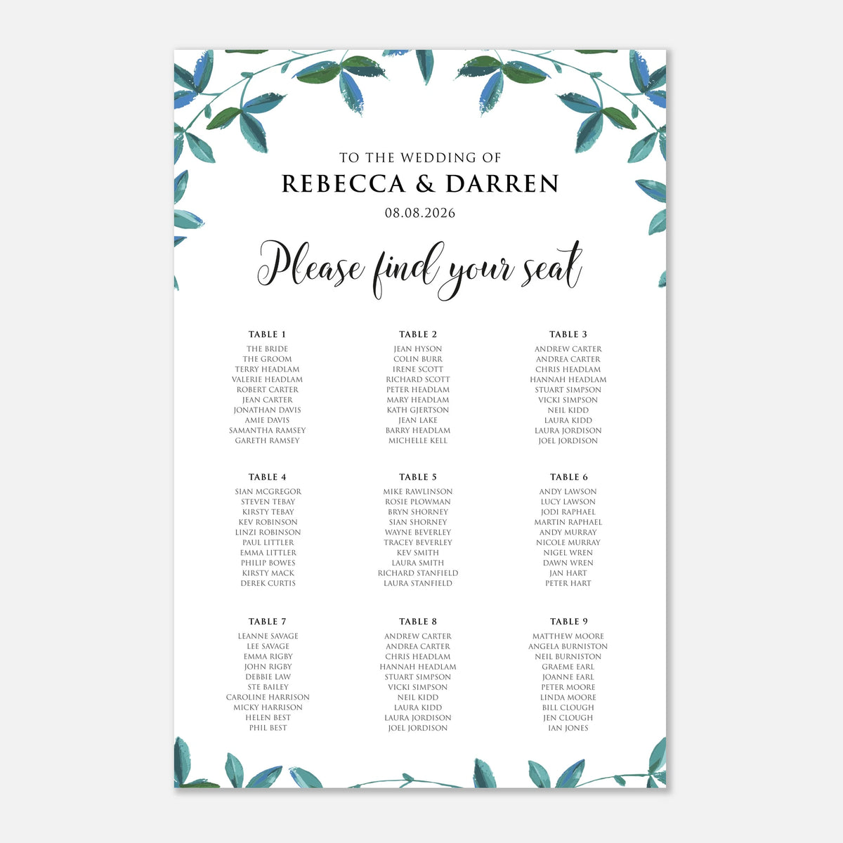 A wedding seating chart print with a white background, black script and serif text, and a watercolor-style green leafy border at the top and bottom. The text reads 'TO THE WEDDING OF REBECCA & DARREN 08. With 9 tables.