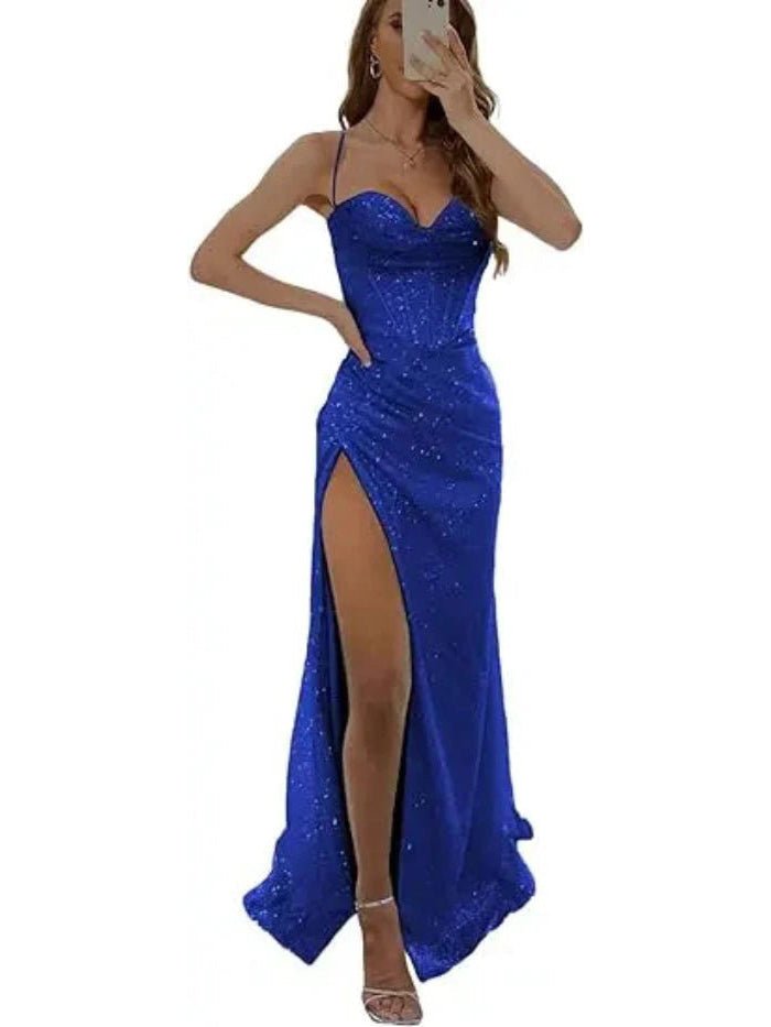 royal blue sequined thigh slit prom dress with spaghetti straps