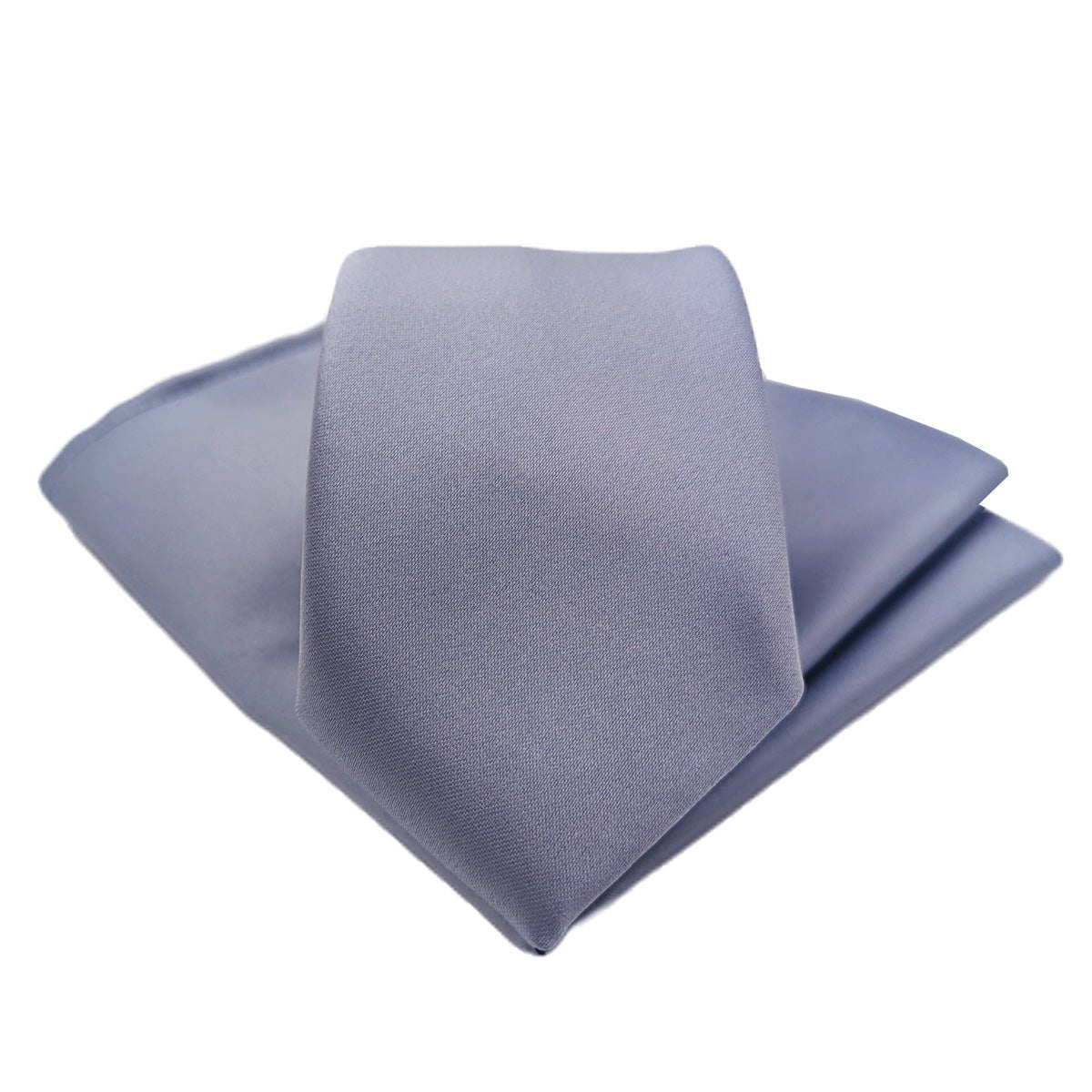 A pale blue necktie and matching pocket square set, neatly folded on a white background.