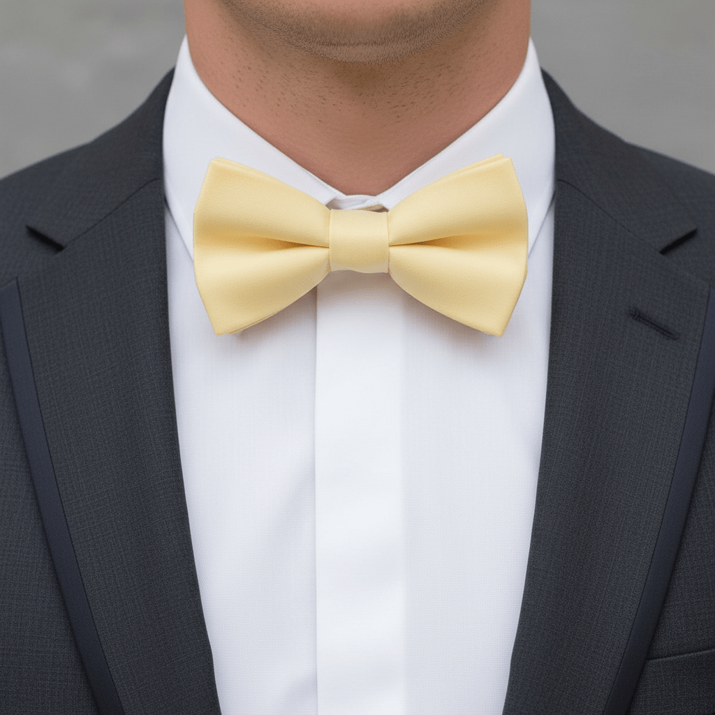 Man wearing a black suit with a white shirt and yellow bow tie.