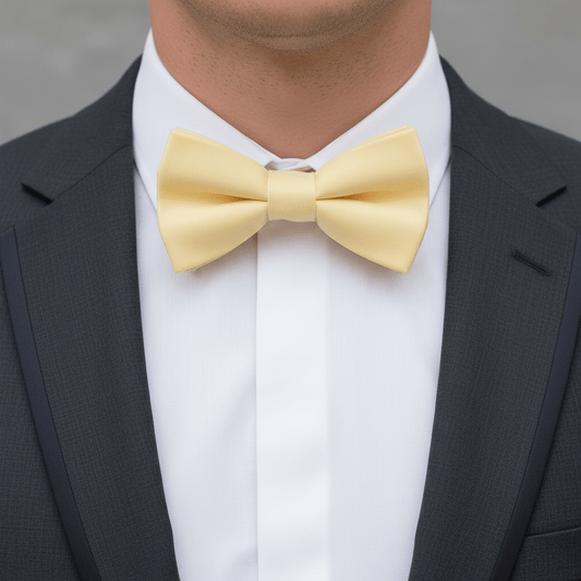 Man wearing a black suit with a white shirt and yellow bow tie.