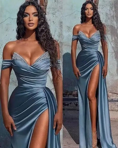 split-screen shot of girl wearing an off-the-shoulder beaded satin slit prom dress