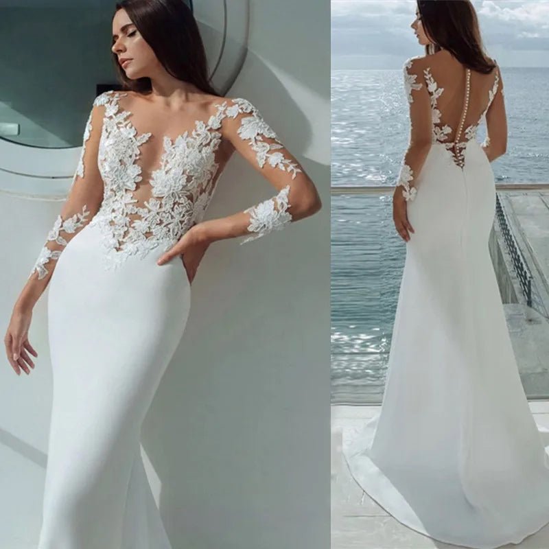 split view of a bride on a ship wearing a white Long Sleeve Mermaid Wedding Dress with Illusion Neckline and Lace Appliques