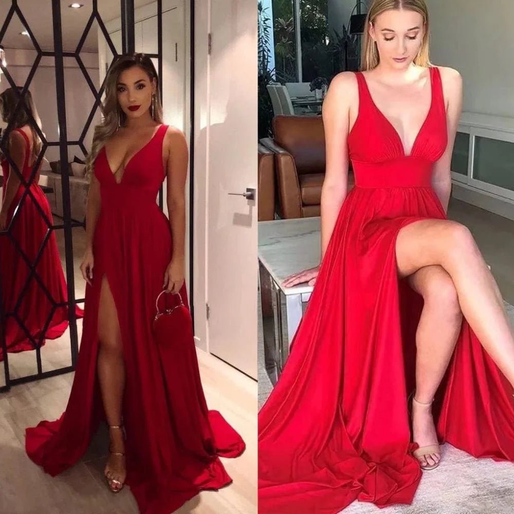 split-view of women in red split leg v-neck backless maxi bridesmaid dresses