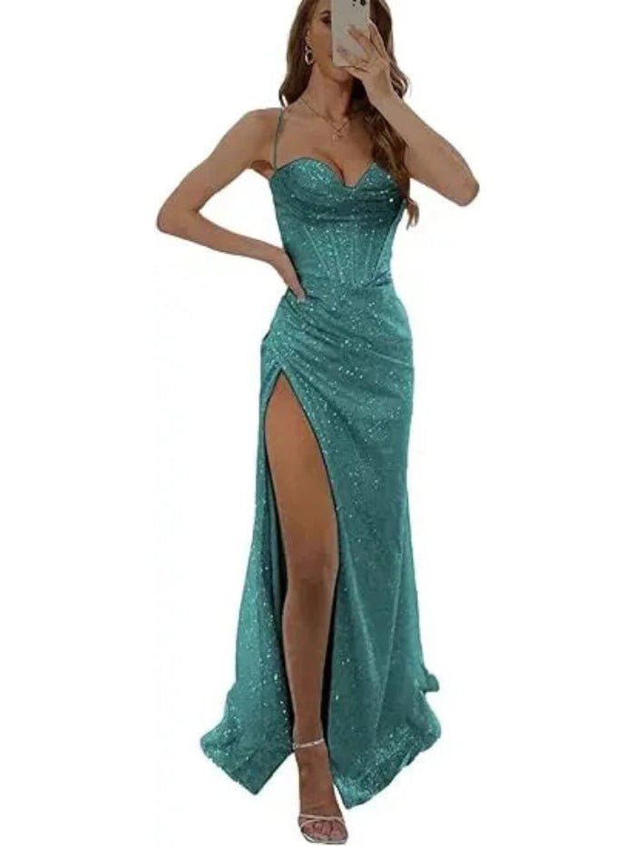 teal sequined thigh slit prom dress with spaghetti straps