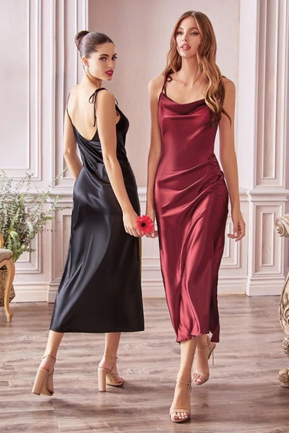 two models wearing mid-length satin backless thigh slit bridesmaid dress