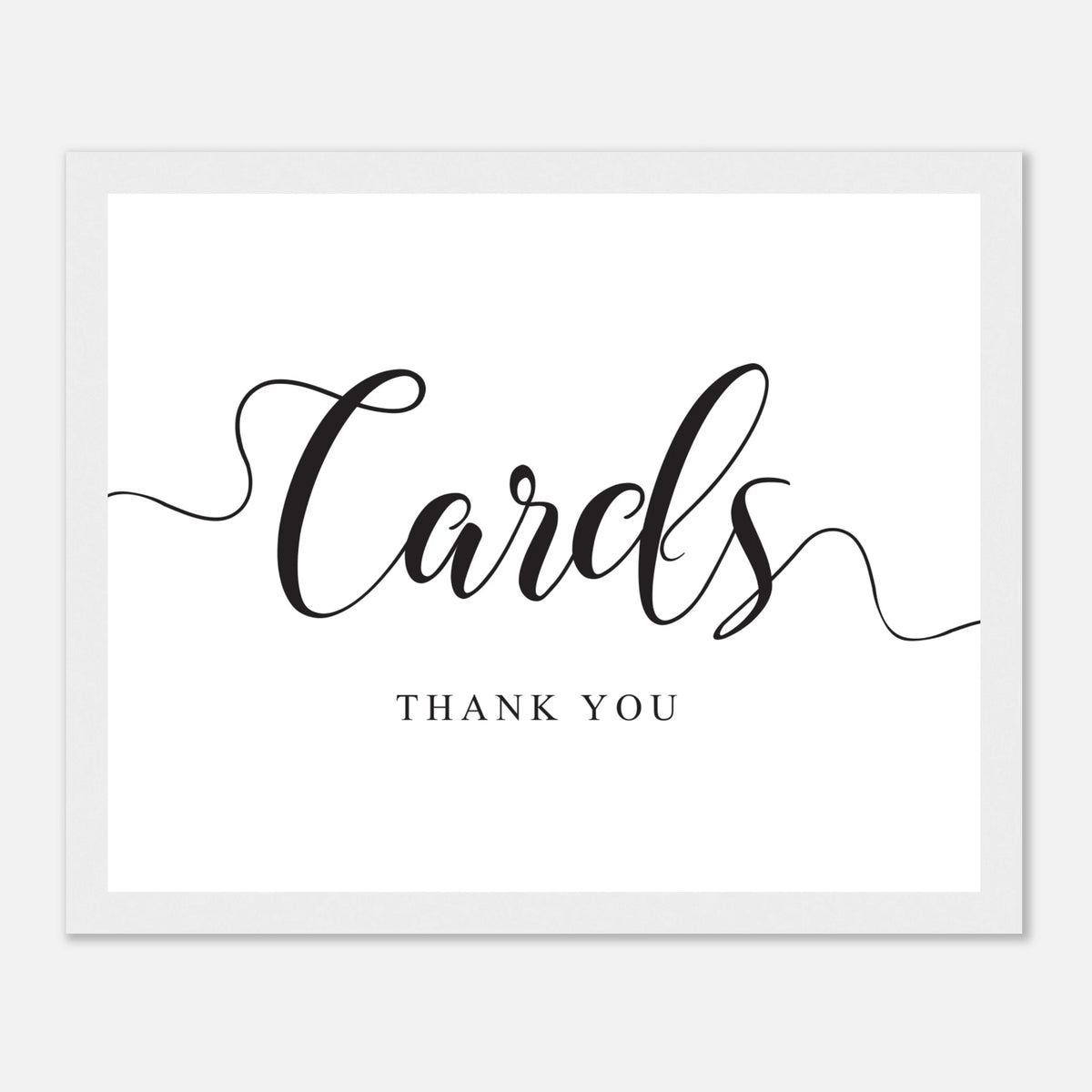 A minimalist white card with elegant black script reading 'Cards' and smaller text 'THANK YOU' below, shown centered on a light gray background.