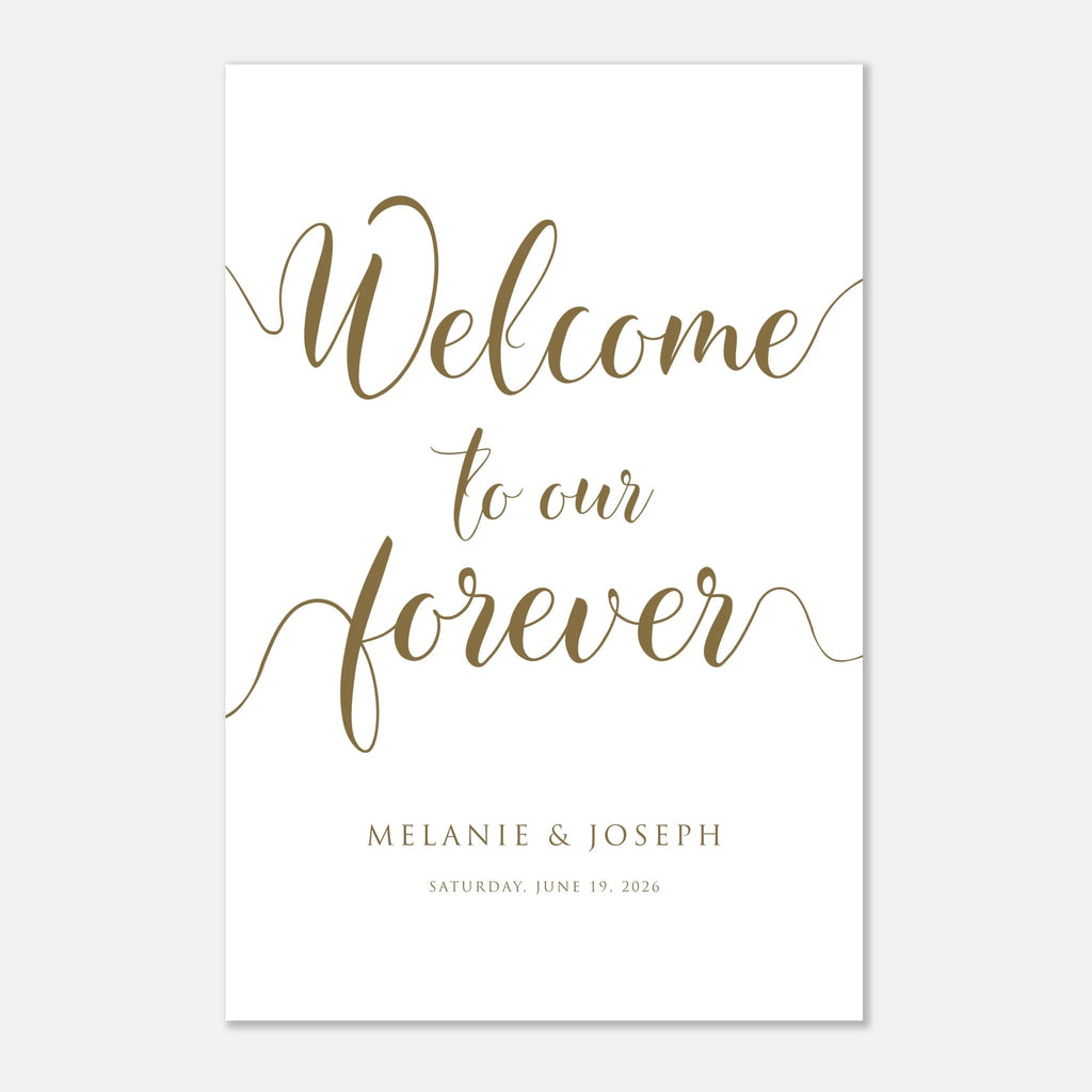 A vertical white wedding welcome card with elegant gold script reading 'Welcome to our forever' and smaller gold text below reading 'Melanie & Joseph' and 'Saturday, June 19, 2026', shown on a light gray background.