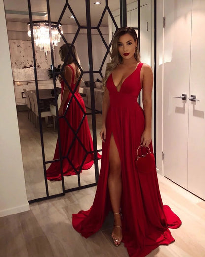 woman in red split leg v-neck backless maxi bridesmaid dress