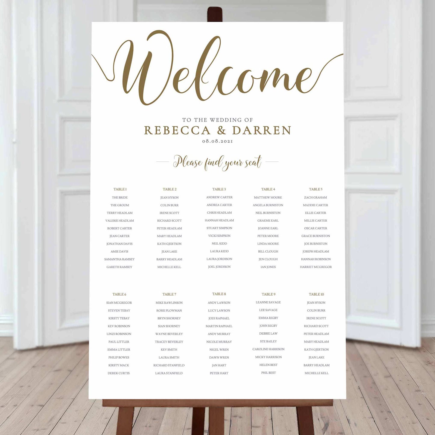 10 table wedding seating chart template in gold