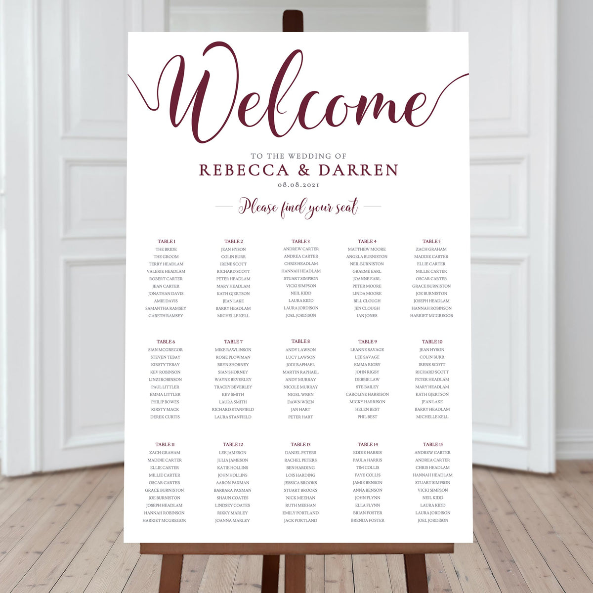15 table burgundy seating plan
