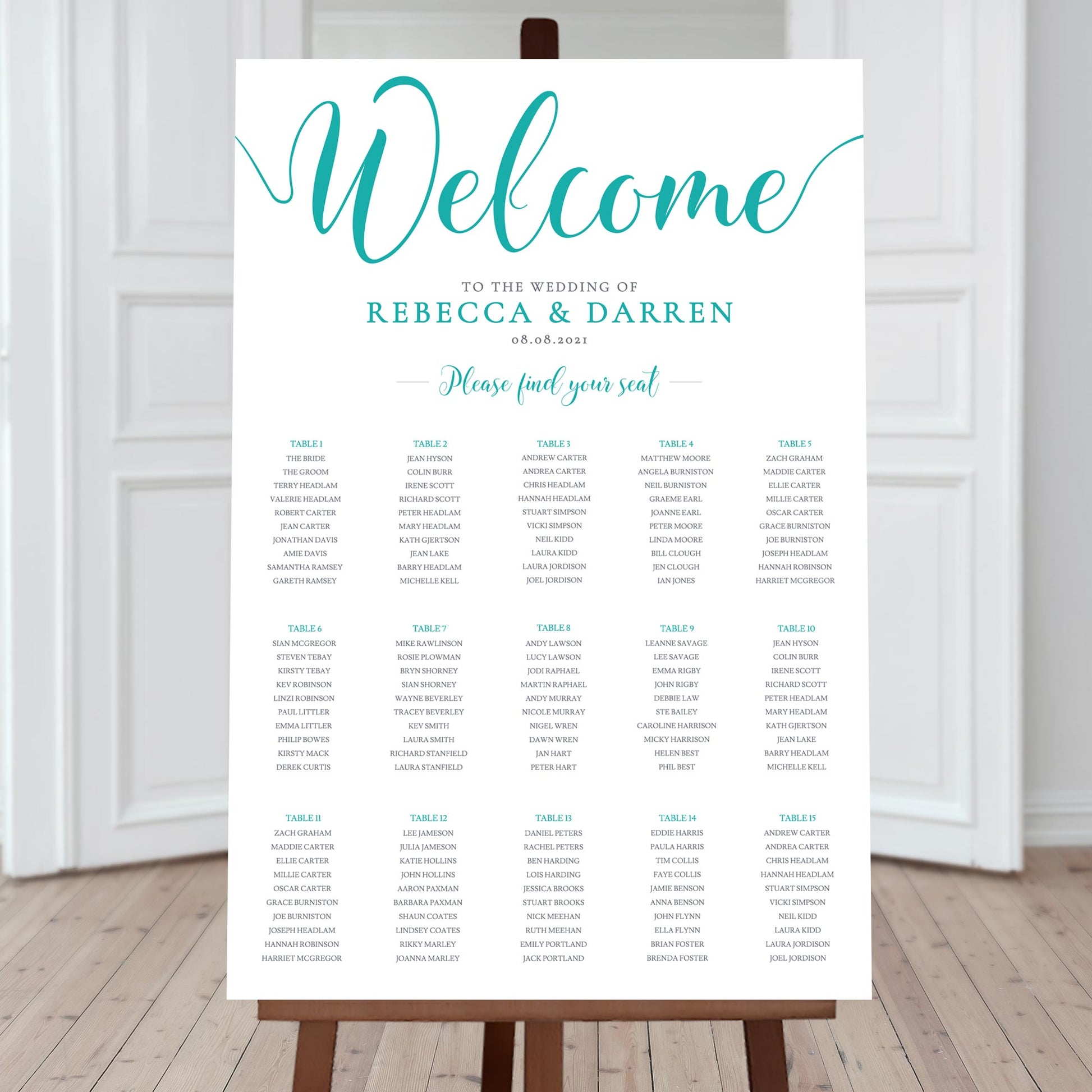 15 table seating chart in turquoise