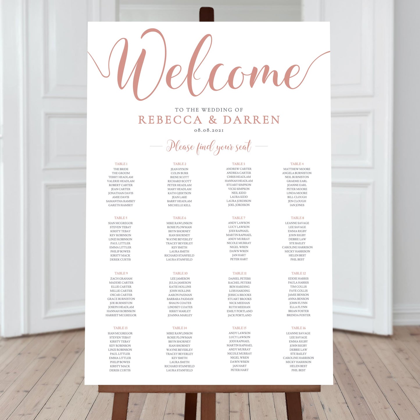 16 table wedding table chart in rose gold