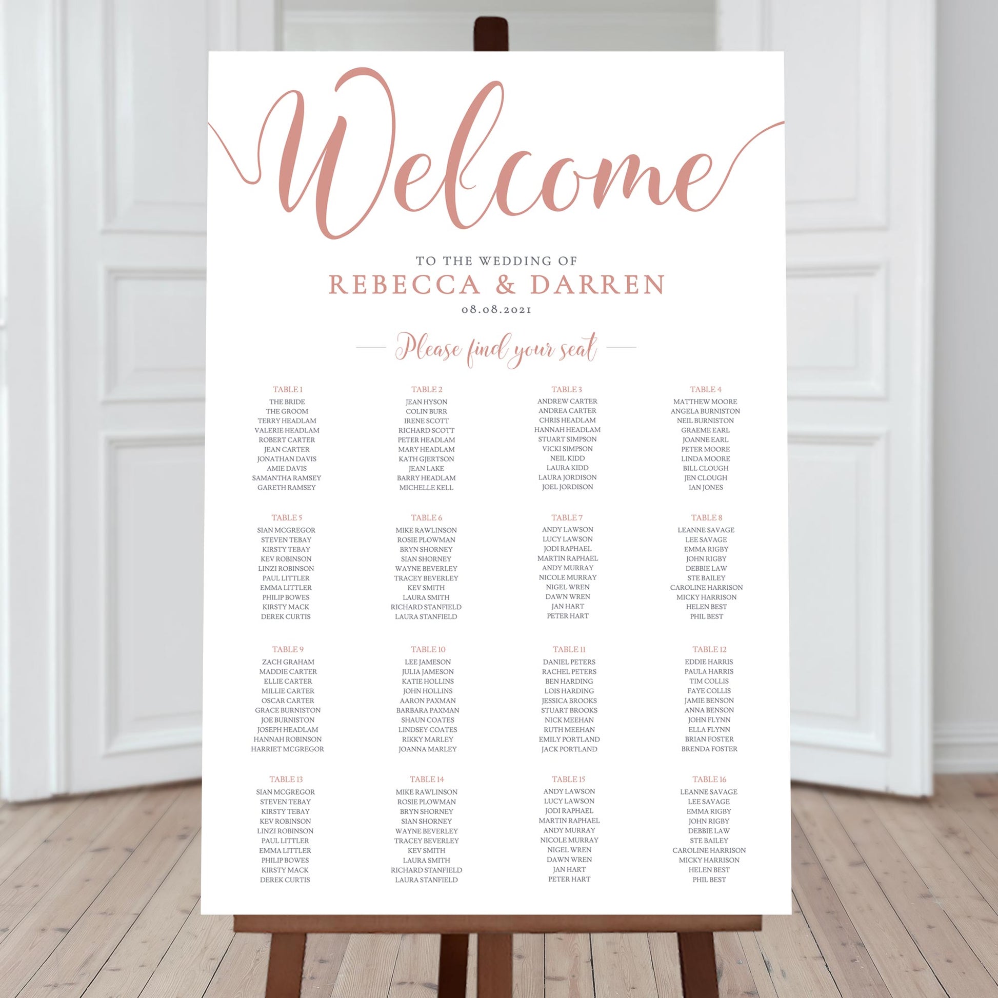 16 table wedding table chart in rose gold