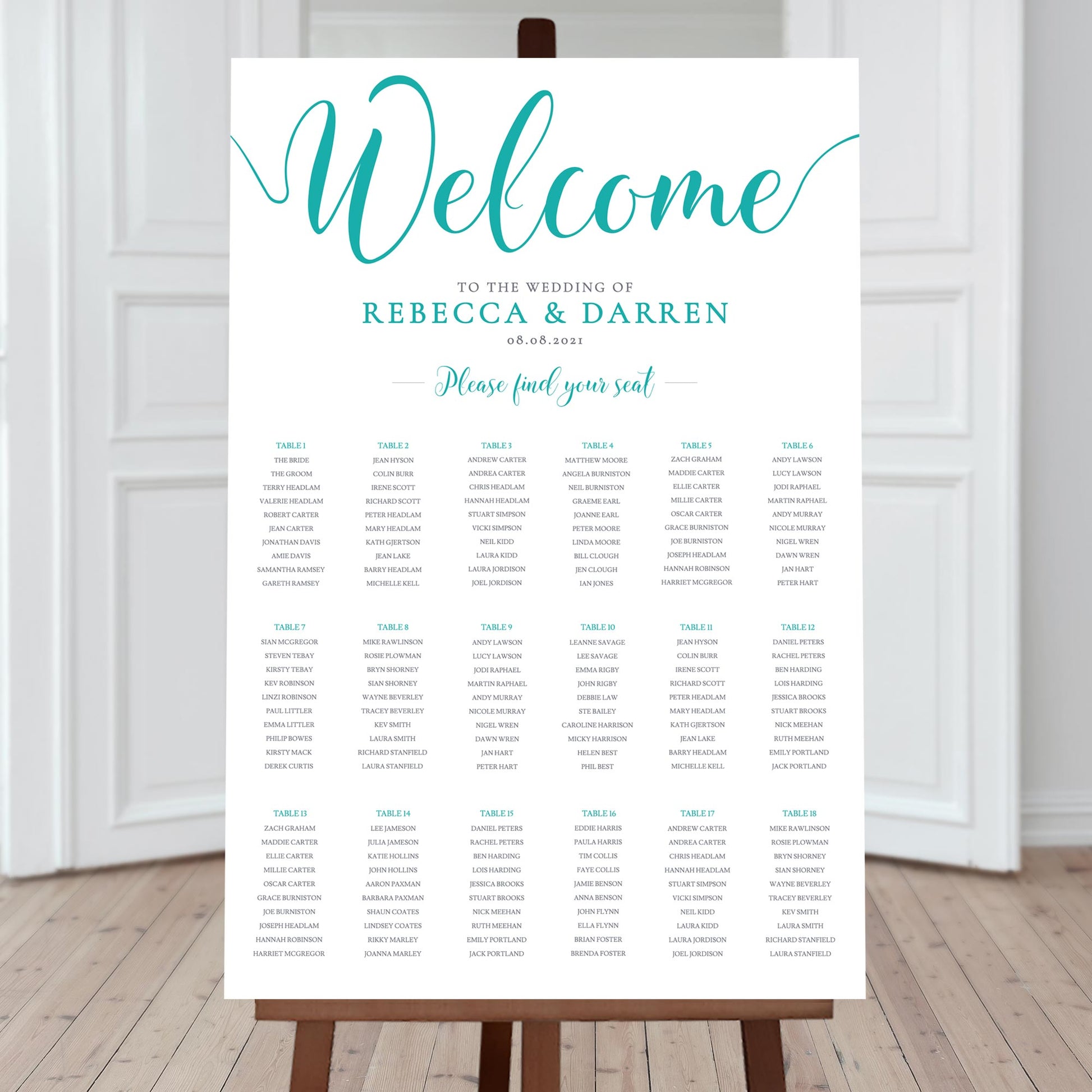 18 table turquoise seating chart at wedding reception