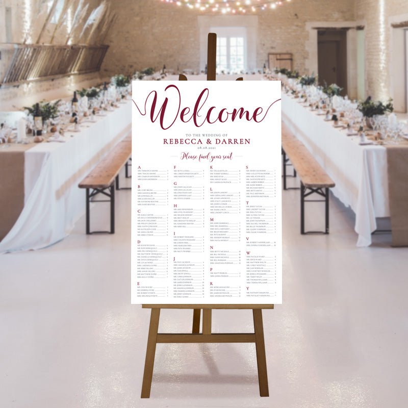 24x36 burgundy seating chart at rustic barn wedding