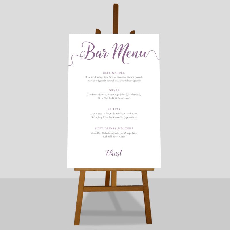 24x36 or A1 purple wedding drinks list bar menu on an easel