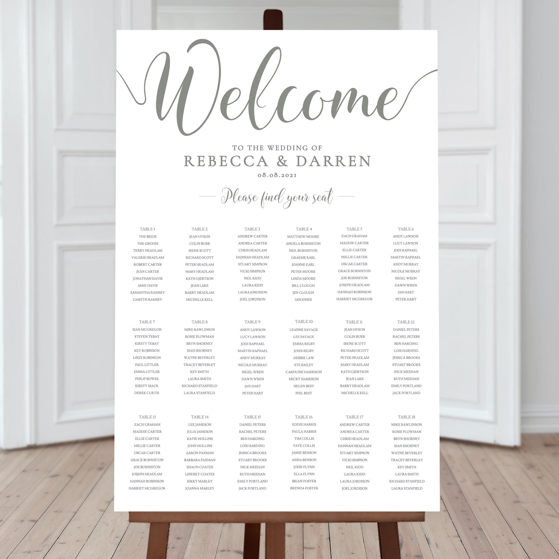 24x36 sage green seating chart with 18 tables
