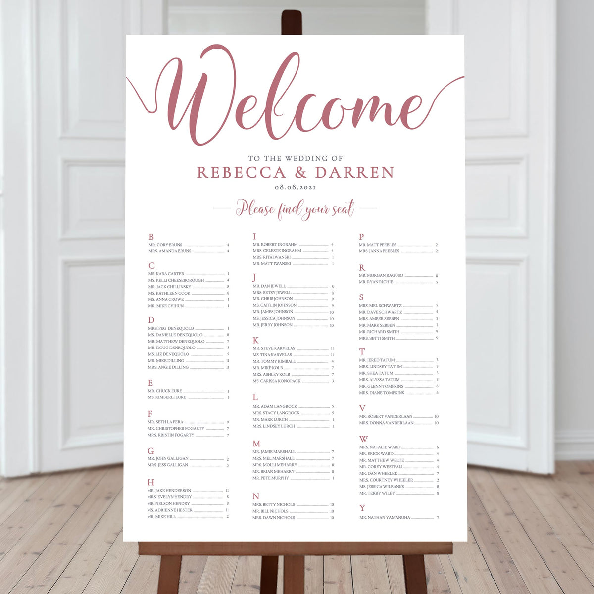 3-column pink seating chart