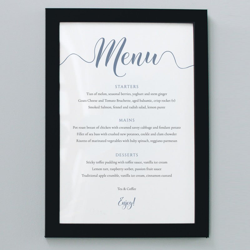 3 course wedding menu in dusty blue framed