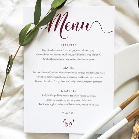 5x7 burgundy menu card on a wedding table