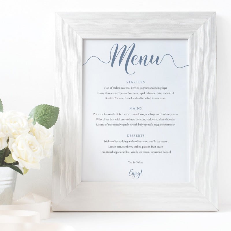 5x7 dusty blue wedding menu in a white frame